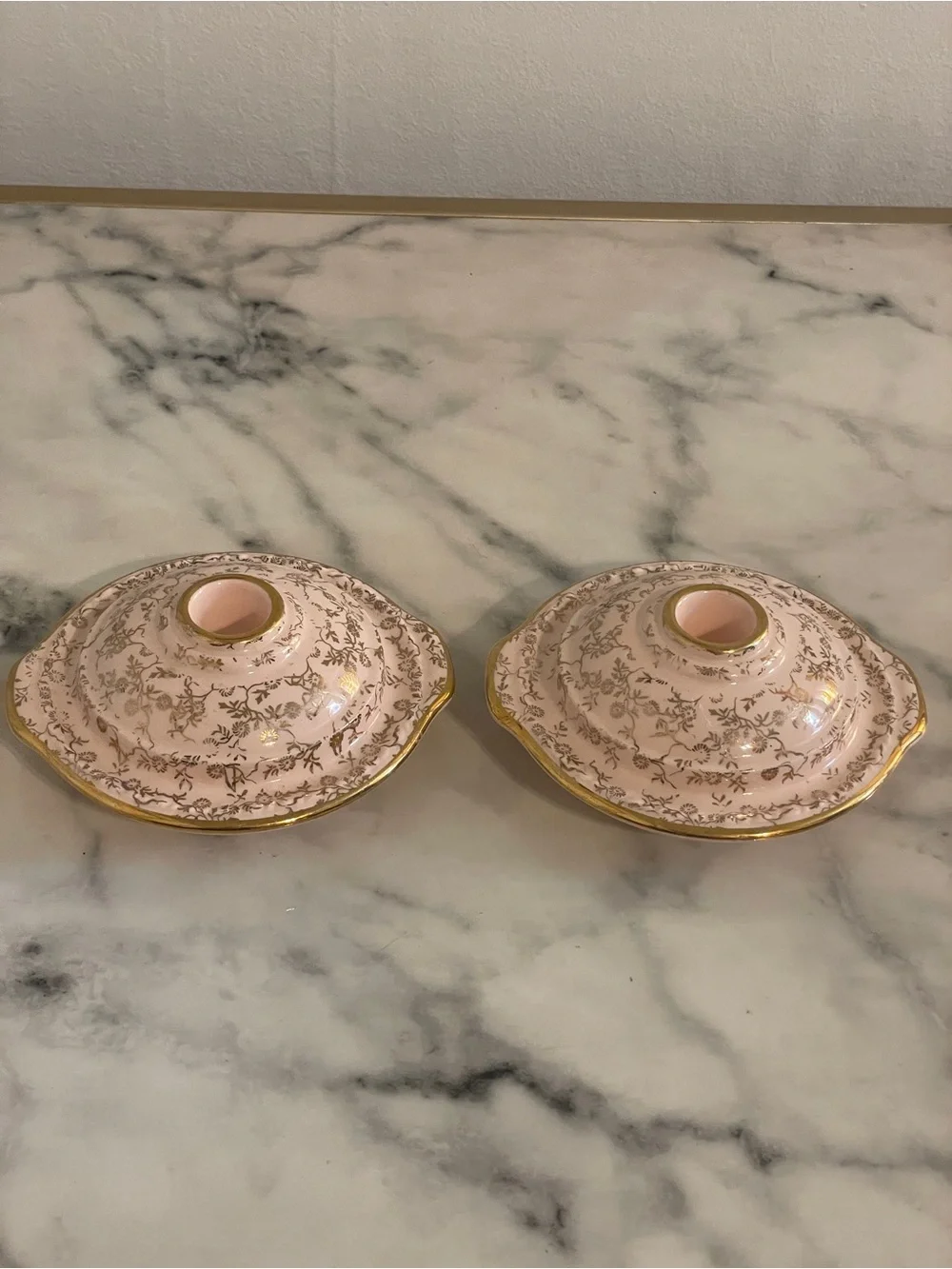 Taylor Smith Taylor Ceramic Light Pink and Gold Candle Stick Holders - Picture 1 of 10